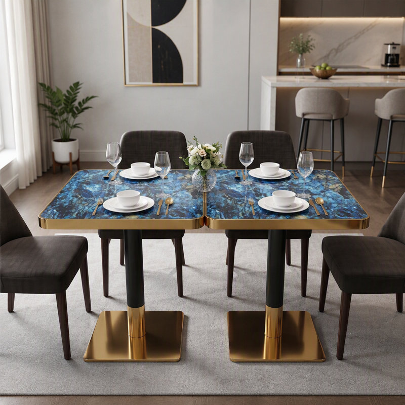 Ensemble de 2 tables de salle à manger carrées modernes, 61 cm (24 po) sans joint apparent, style café, piètement central noir et or, finition agate bleue brillante de 3,6 cm (1,4 po) d'épaisseur, résistantes à la chaleur, pour restaurant.