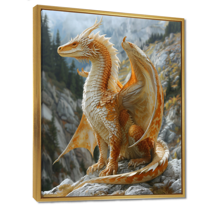 Décoration murale dragon jaune et blanc avec ailes dorées et dragons, Toile avec cadre flottant or