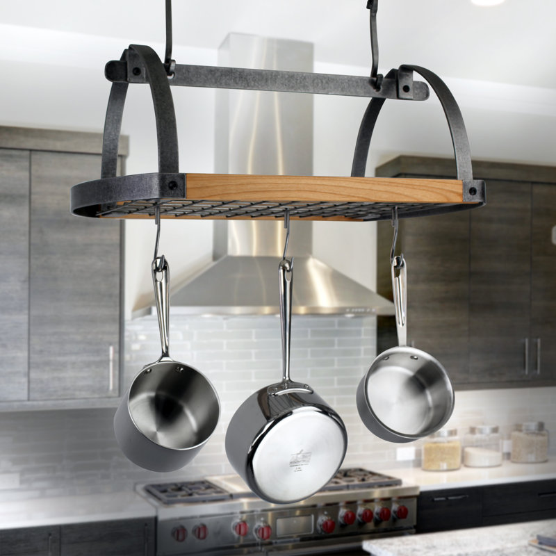 Hammered Steel and Alder Oval Ceiling Pot Rack