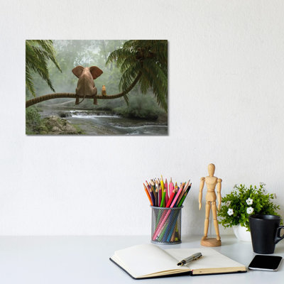 Elephant And Dog Sit On A Palm Tree In Tropical Forest by Mike Kiev - Gallery-Wrapped Canvas Giclée on Canvas
