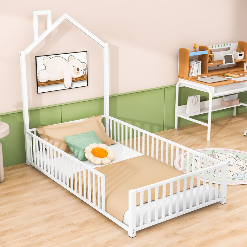 Lit plateforme en métal avec cheminée, Simple, Blanc