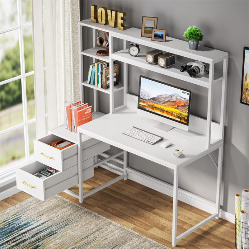 Bureau d'ordinateur blanc de 55 pouces avec rehausse, 2 tiroirs et tablettes ouvertes