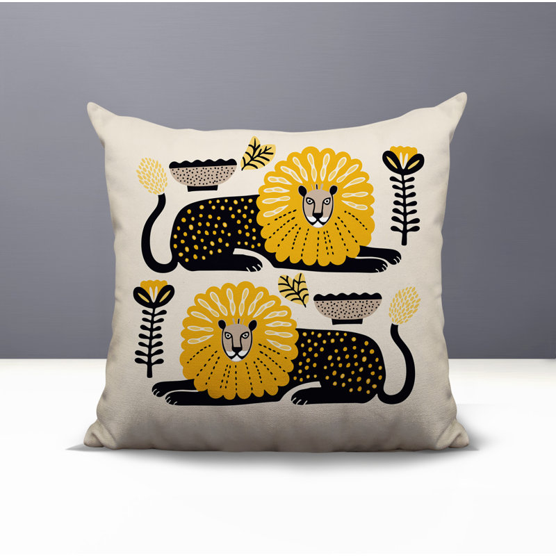 Oreiller carré réversible intérieur / extérieur Chiga Lion, Jaune, Carré 17 po