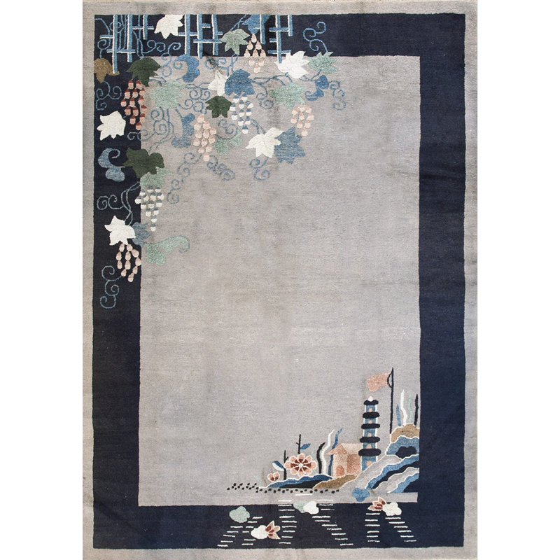 Antique Floral Wool Hand Knotted Pile Gray 1920s Rug