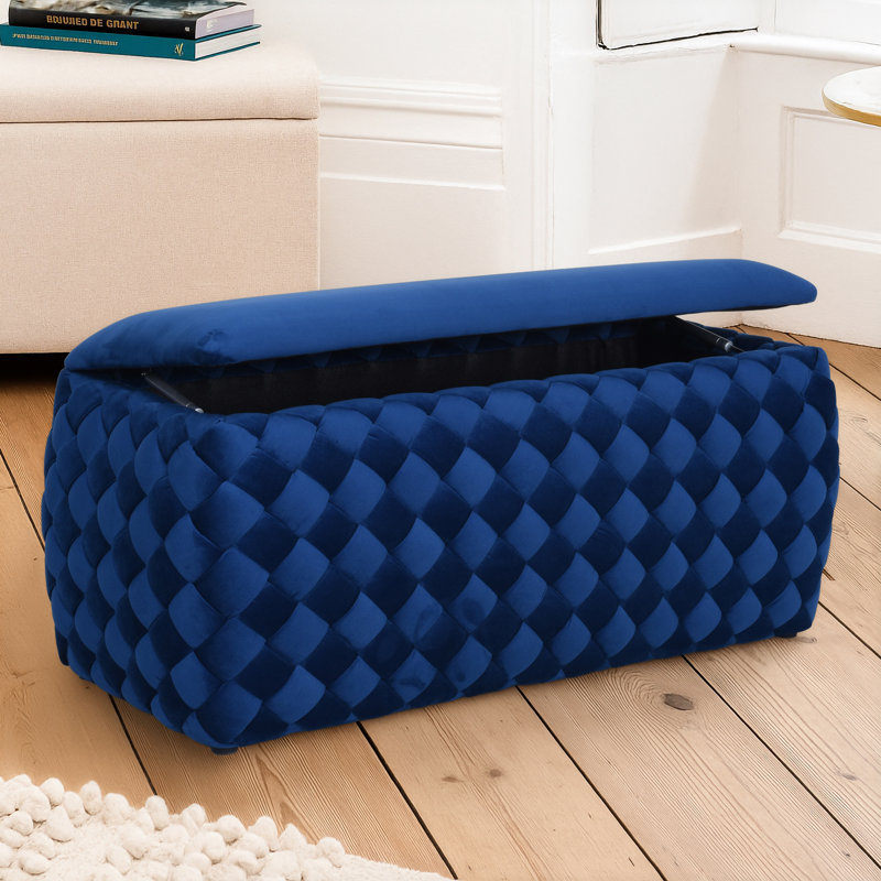97cm Wide Velvet Rectangle Solid Colour Standard Ottoman with Storage, Blue