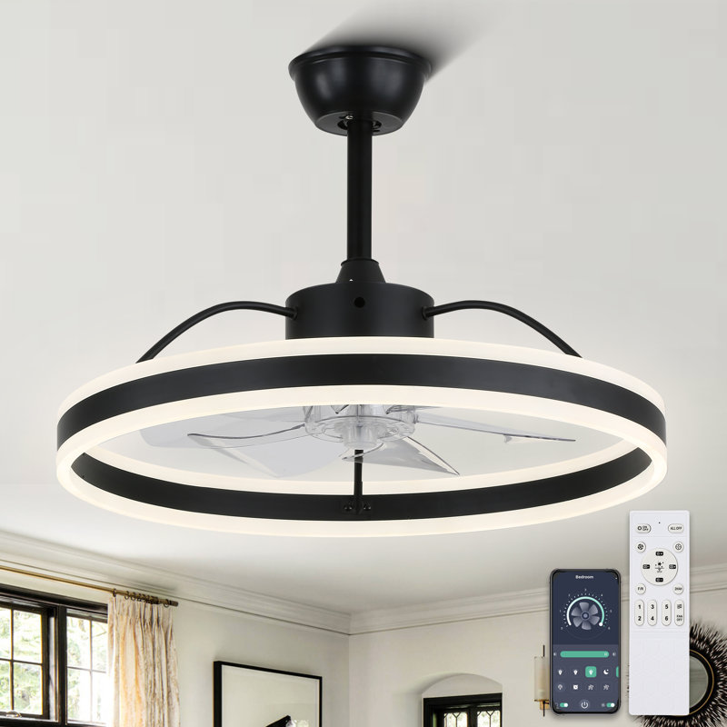24 Inch Smart Ceiling Fans With Lights And APP Control, Modern 6 Speeds LED Dimmable Fandelier Ceiling Fan For Bedroom, Black