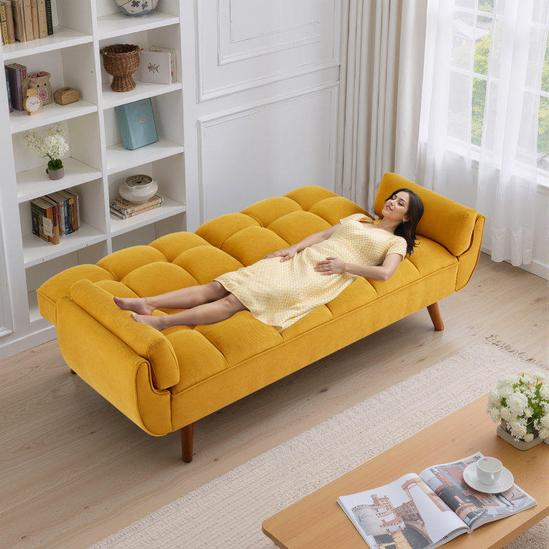 Kamaren Full 75.39" Futons Upholstered Convertible Sofa, Citrus Yellow Polyester Blend
