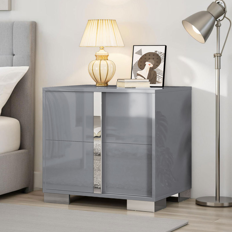 Table de chevet moderne lustrée de 23,6 po avec poignée à tirer électrolytique Mercidieu, gris, Gris, Individuel