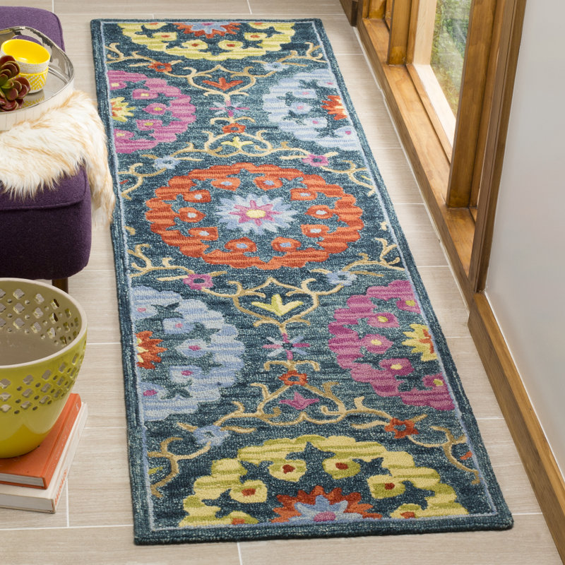 Tapis géométrique en laine crocheté à la main Suzani, Tapis de couloir 2 pi 3 po x 8 pi