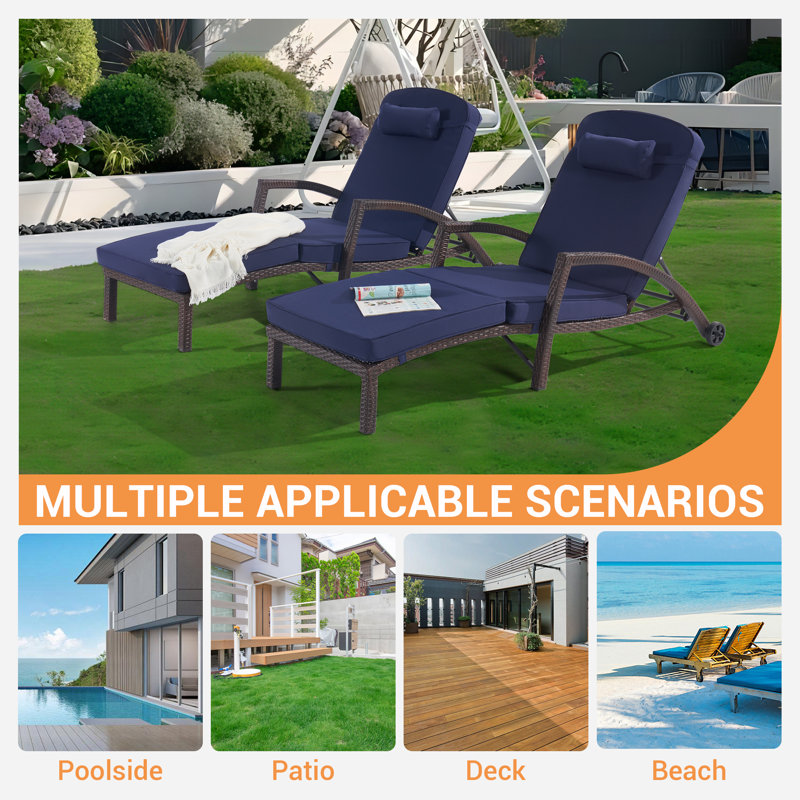 Outdoor Wicker Chaise Lounge Set , Cushion Included, Navy Blue