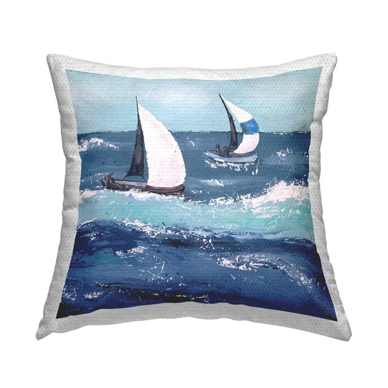 Coussin d'extérieur imprimé à motif de voiliers de mer par Jade Reynolds