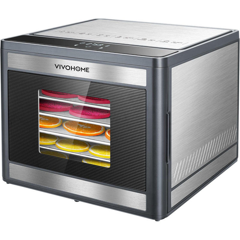 6-Tray Silver Stainless Steel Food Dehydrator with Timer and Temperature Control