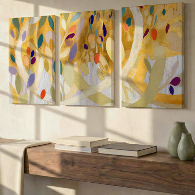 3 Pieces Exculisive Gold Teal and Coral Botanical Large Wall Art Organic Abstract Panorama Canvas, Canvas Decor for Living Room, Bedroom and Office