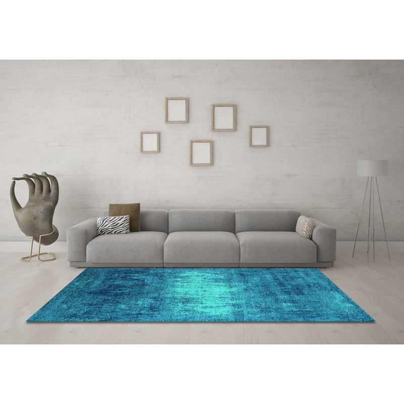 Tapis oriental bleu / bleu sarcelle tissé à la machine Warthman, Carré 8 pi