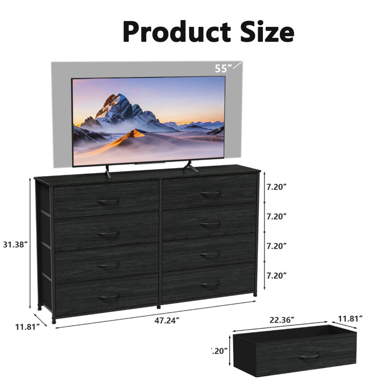 8 Drawer Wide Fabric Storage Dresser, 55 Inch TV Stand & Entertainment Center with Wood Top, Storage Organizer Unit for Bedroom Living Room Hallway
