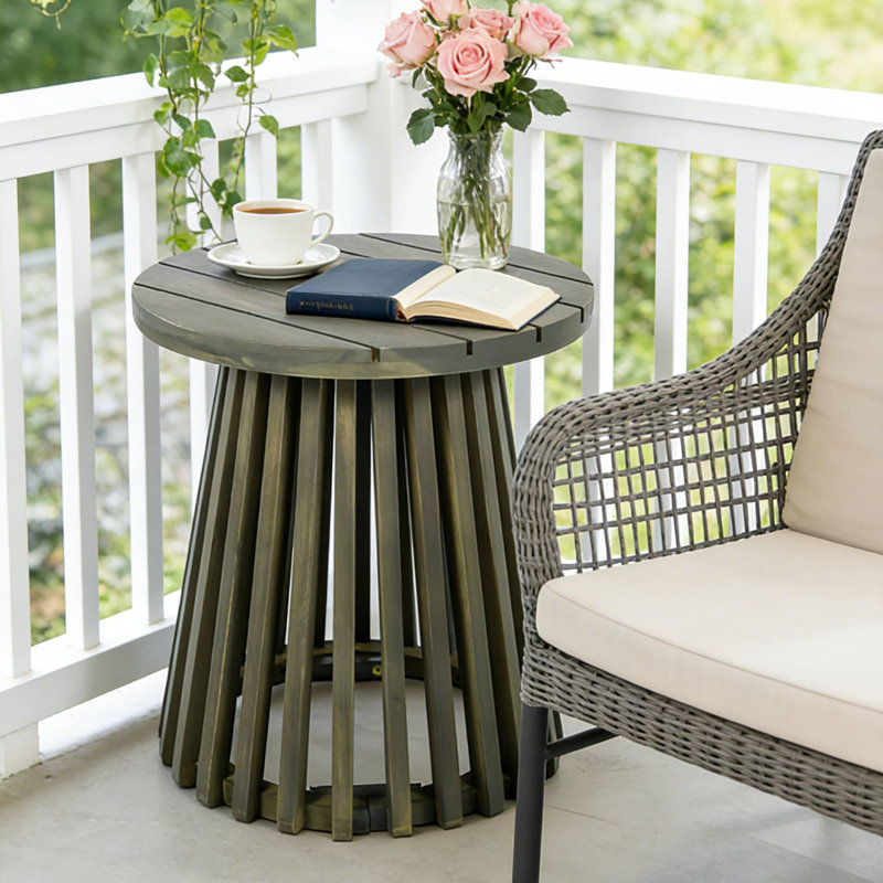 Table basse ronde d'extérieur, table d'appoint de patio en bois d'acacia au fini gris pour balcon, Grey