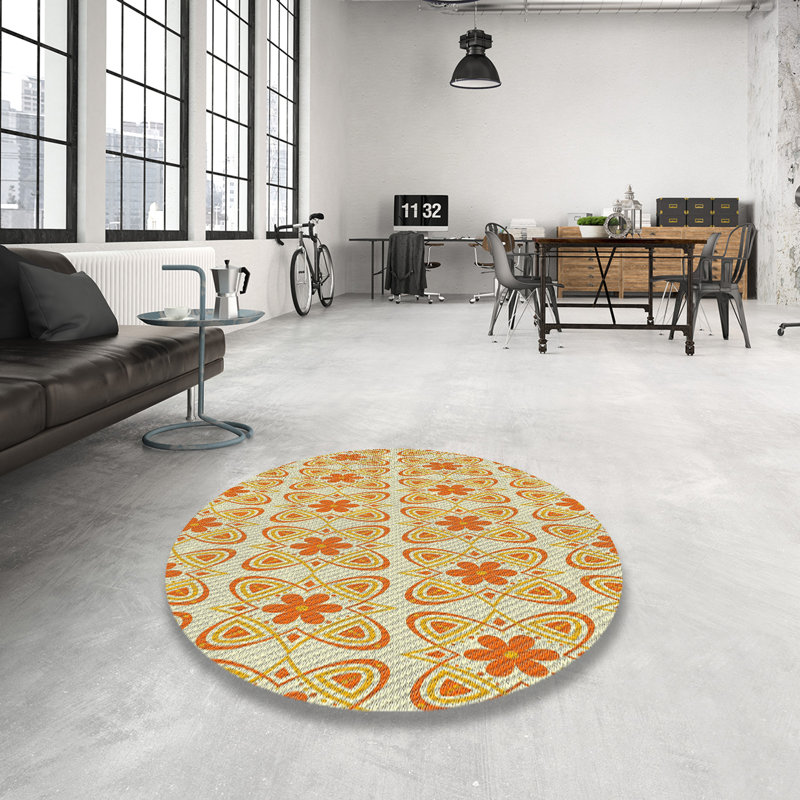 Tapis de zone jaune/orange à motifs, Rond 5 pi