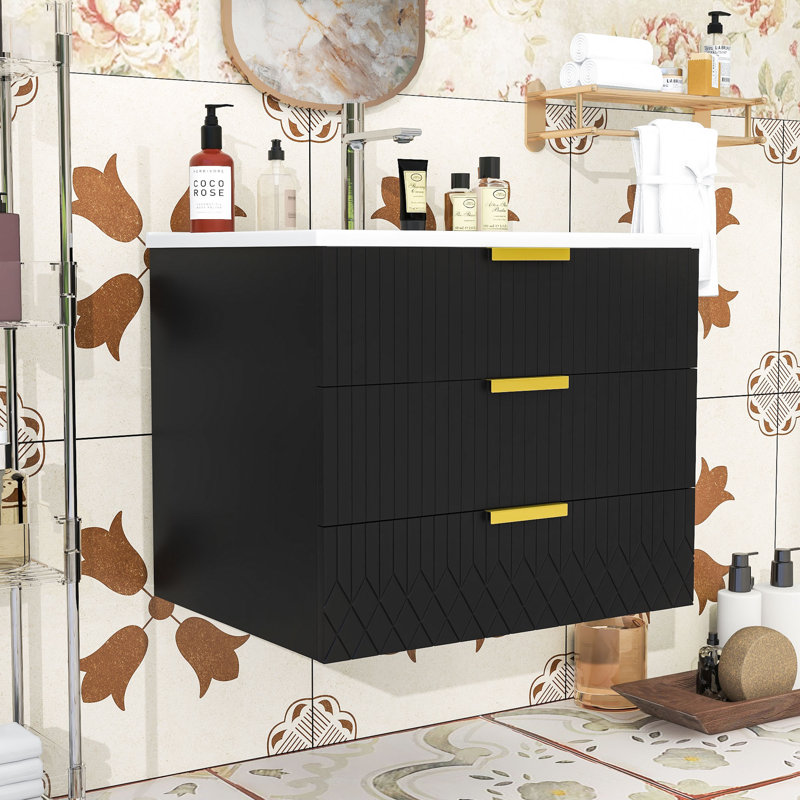 24-Inch Wall-Mounted Bathroom Cabinet with Sink, Floating Design, Black