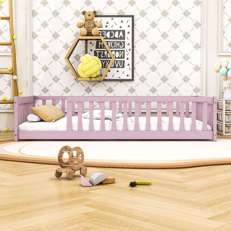 Lit simple en bois avec clôture de sécurité, Pink