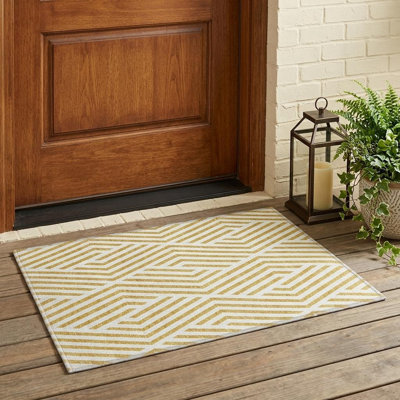 Tapis intérieur antidérapant lavable à motif géométrique doré et blanc 2 pi x 3 pi
