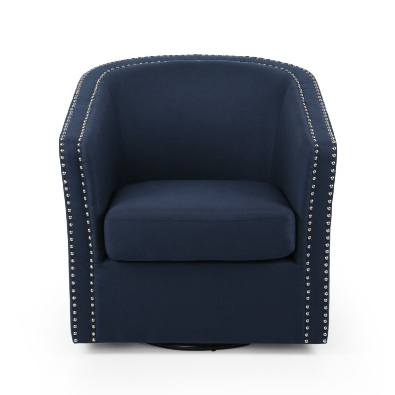 Aajaylah Upholstered Swivel Barrel Chair, Blue Fabric Duplicate