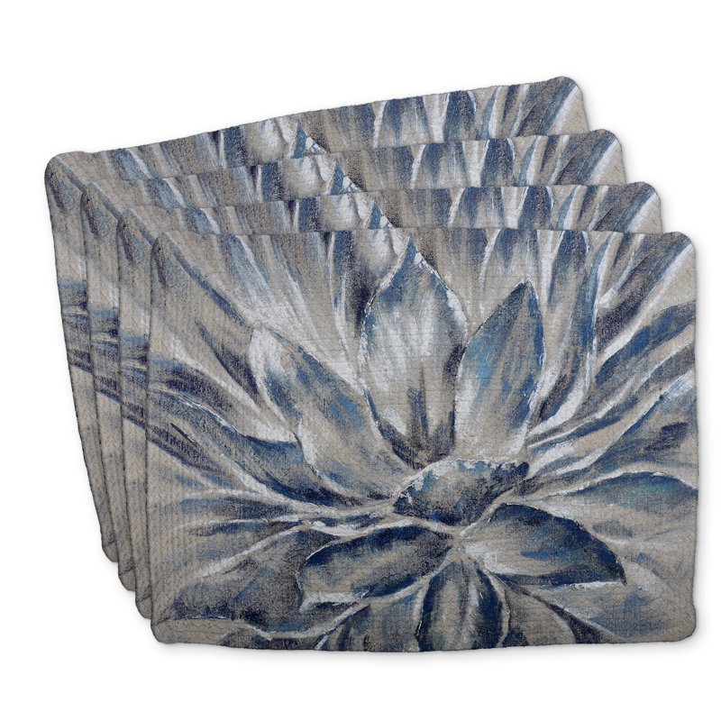 Napperons en polyester tressé de fleurs bleues et grises | Ensemble de 4