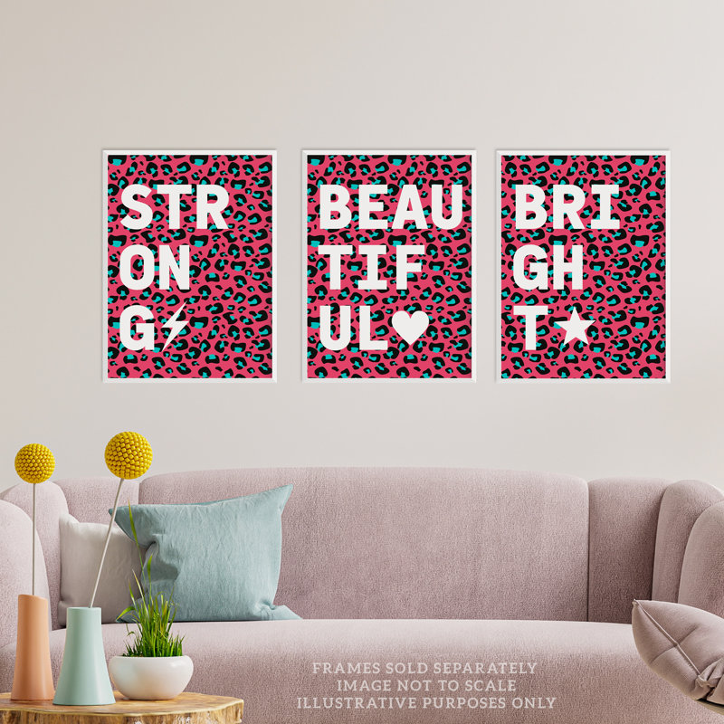 Leopard Pattern Beautiful Strong Bright Typography - 3 Piece No Frame Print Set, Multicoloured Pink