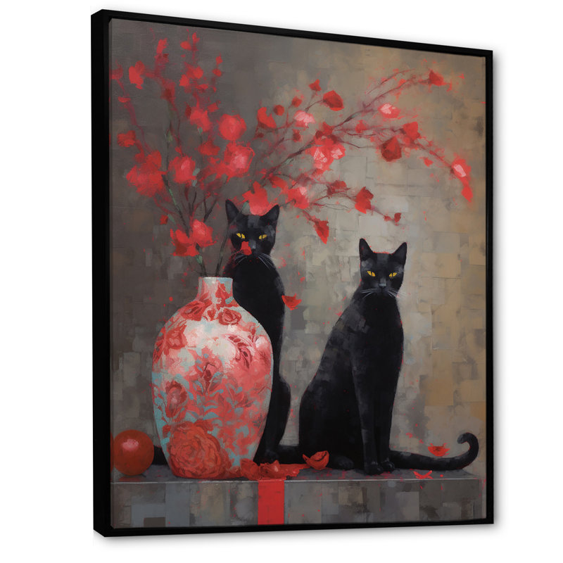 «Black Cat» dans un vase avec fleurs rouges - reproduction d'art, Cadre flottant noir, H 44 po x l 34 po x P 1,5 po