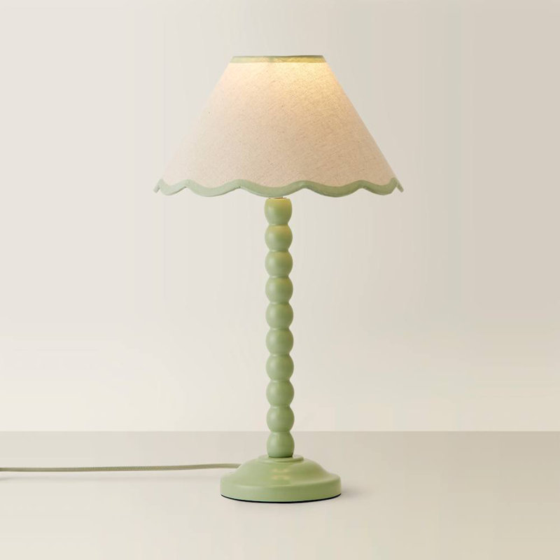 Nephi Bobbins Painted Table Lamp with Tapered Natural Linen Trim Scallop Shade, Natural Linen with Green Trim, Green, No