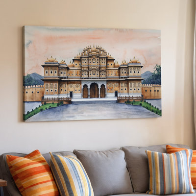 Toile, "Un majestueux palais indien" se tient en évidence contre une pêche douce, ciel nuagé présentant des détails architecturaux complexes