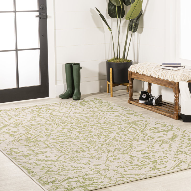 Truman Bohemian Medallion Textured Weave Cream/Green Indoor/Outdoor Rug, Rectangle 3'1" x 5'