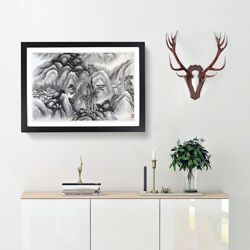 Landscape Vol.7 by Gong Xian - Picture Frame Drawing Print, 27cm H x 36cm W x 2cm D, Black Framed