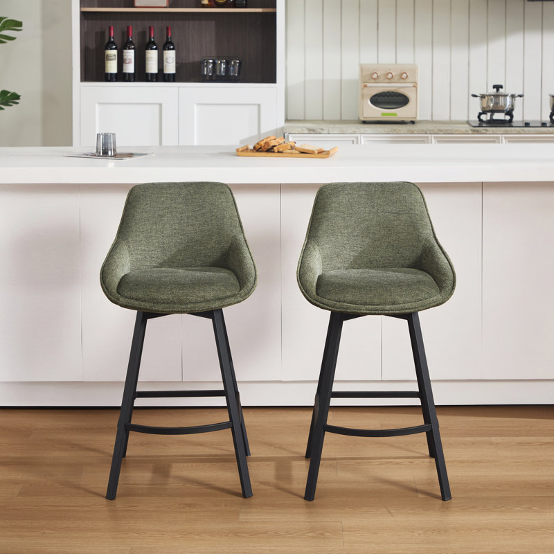 Absalom Modern Industrial Swivel Upholstered 25.6'' Linen Counter Stool with Metal Frame, Green, 2