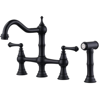Brass Bridge Kitchen Faucet with Side Sprayer, Matte Black 2-Handle 8-Inch Centerset Bridge Faucet, Solid Brass 4-Hole Kitchen Sink Faucet, Vintage Farmhouse Style