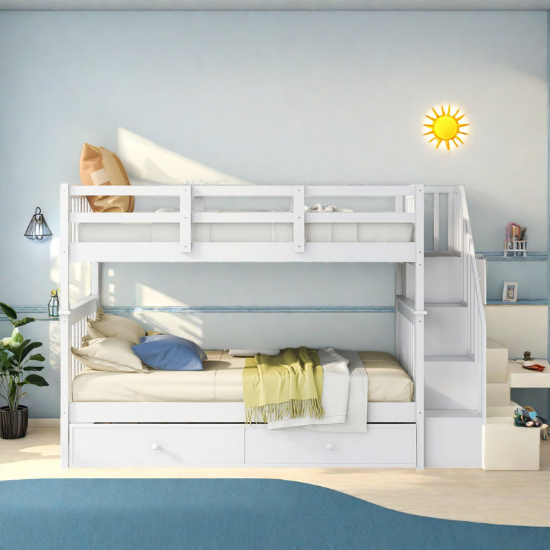 Lit superposé standard en bois avec escalier et lit gigogne, Simple sur simple, Blanc