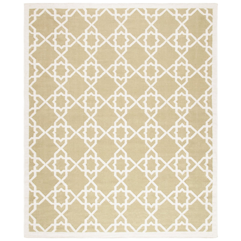 Moonsu Hand Woven Flat Weave Wool/Cotton Geometric Rug in Olive/ivory, Rectangle 9' x 12'