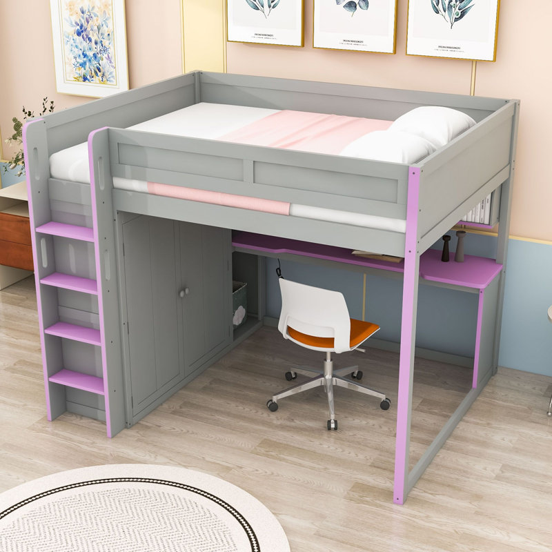 Lit mezzanine double avec bureau, armoire, étagères et éclairage DEL, Gris foncé / mauve