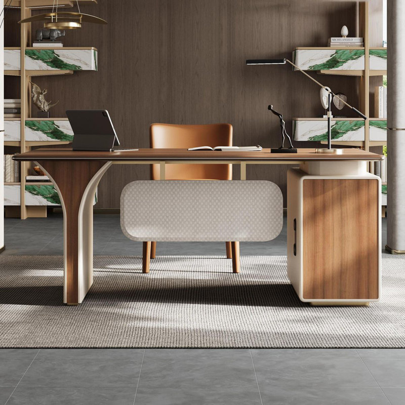 Bureau rectangulaire en bois manufacturé brun noisette + blanc avec 1 tiroir, Retour à gauche