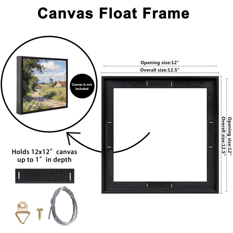 Cadre photo sur toile flottant moderne, Noir, 12 po x 12 po, 12 po x 12 po, Carrée