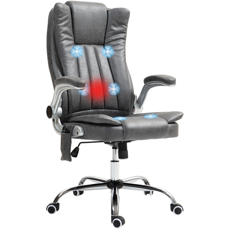 Fauteuil de bureau à haut dossier avec massage par vibrations, fauteuil chauffant Leathaire avec accoudoirs rabattables, roues pivotantes et hauteur réglable