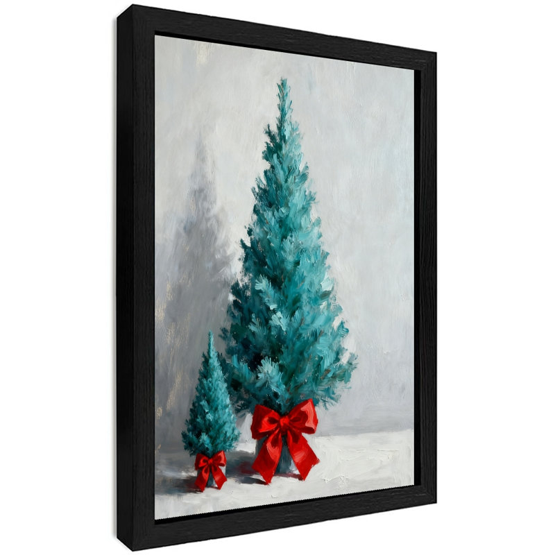 Reproduction encadrée noire rétro d'un arbre de Noël bleu avec un nœud papillon rouge, H 11 po x l 9 po