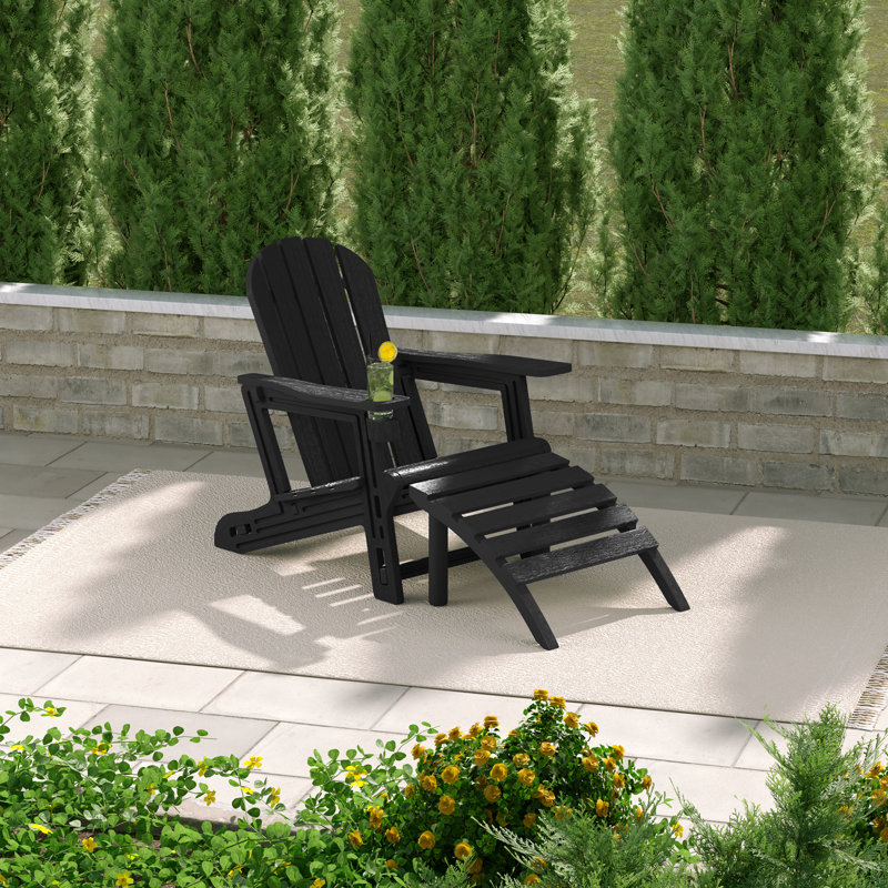 Outdoor Poly Adirondack Chair With Ottoman, Black