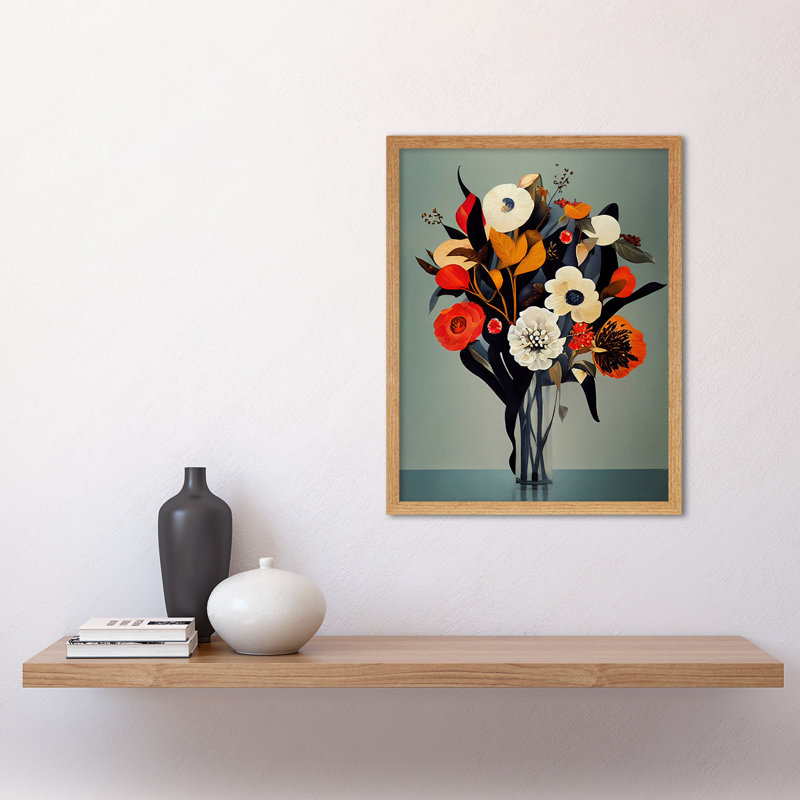 Winter Flower Floral Bouquet Modern - Rectangle Print, 43cm H x 33cm W x 2cm D, Light Brown Framed Paper