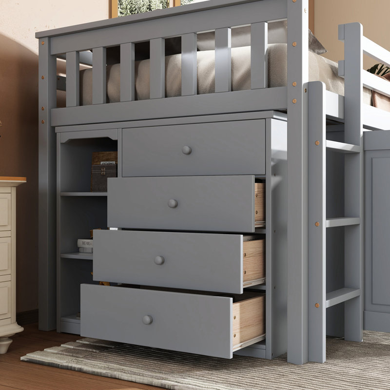 Lit mezzanine simple gris avec rangement et solidification solide - Bureau en bois d'hévéa, Gris