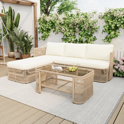 Ensemble de mobilier d'extérieur en rotin PE avec structure en fer, canapé de conversation en osier beige foncé