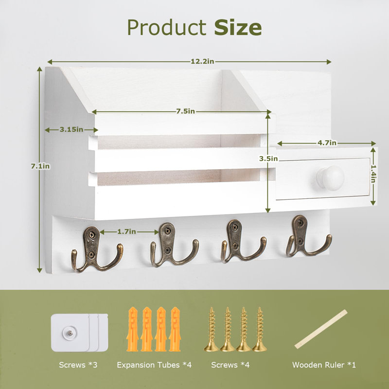 White Wooden Wall-Mounted Key and Mail Organizer with Drawer