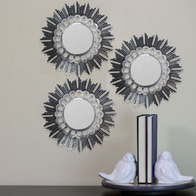 Floral Sunburst Brushed Silver Round Mirrors 9.5"