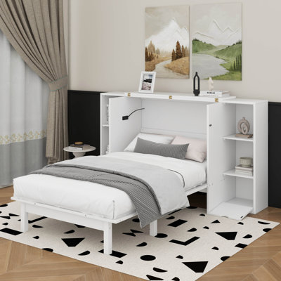Grand lit escamotable avec tablettes, tiroirs et port USB