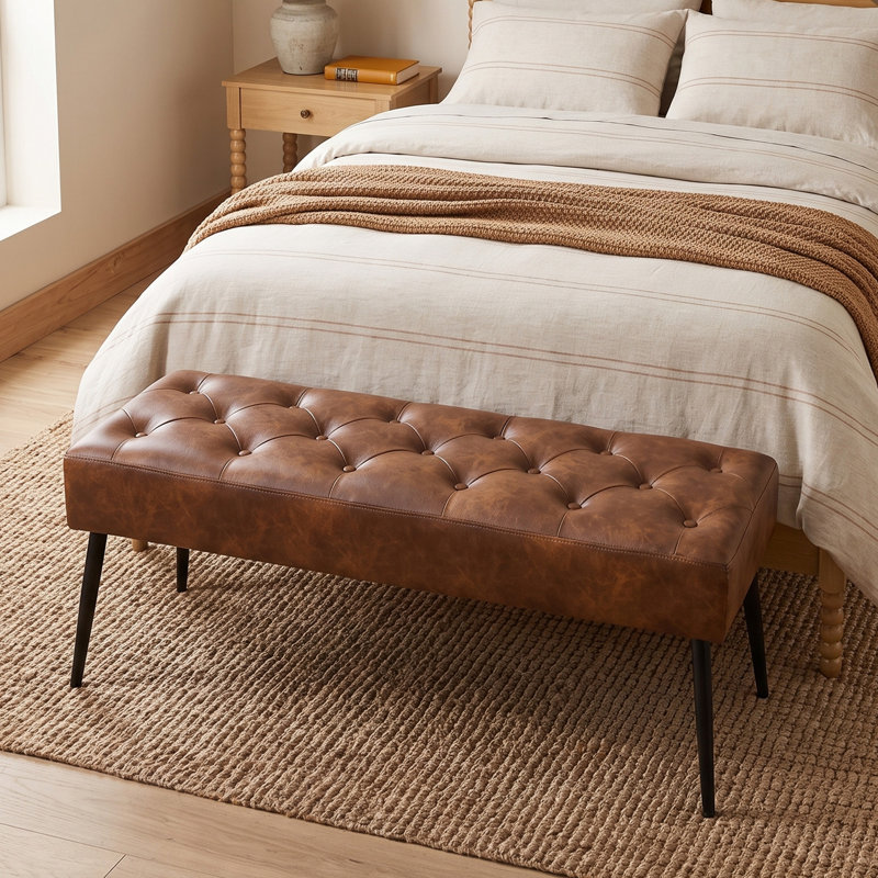  44" W Mid-Century Modern Tufted Velvet Bench, Black/Yellowish Brown Faux Leather