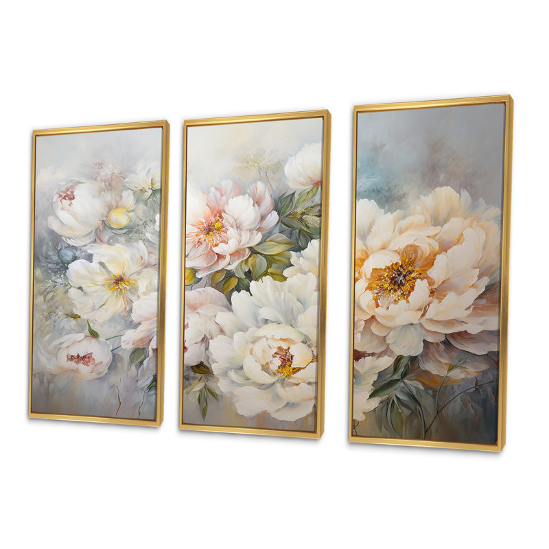 Ensemble de décoration murale pivoines blanches - pivoines, Cadre flottant doré, H 40 po x l 60 po x P 1 po